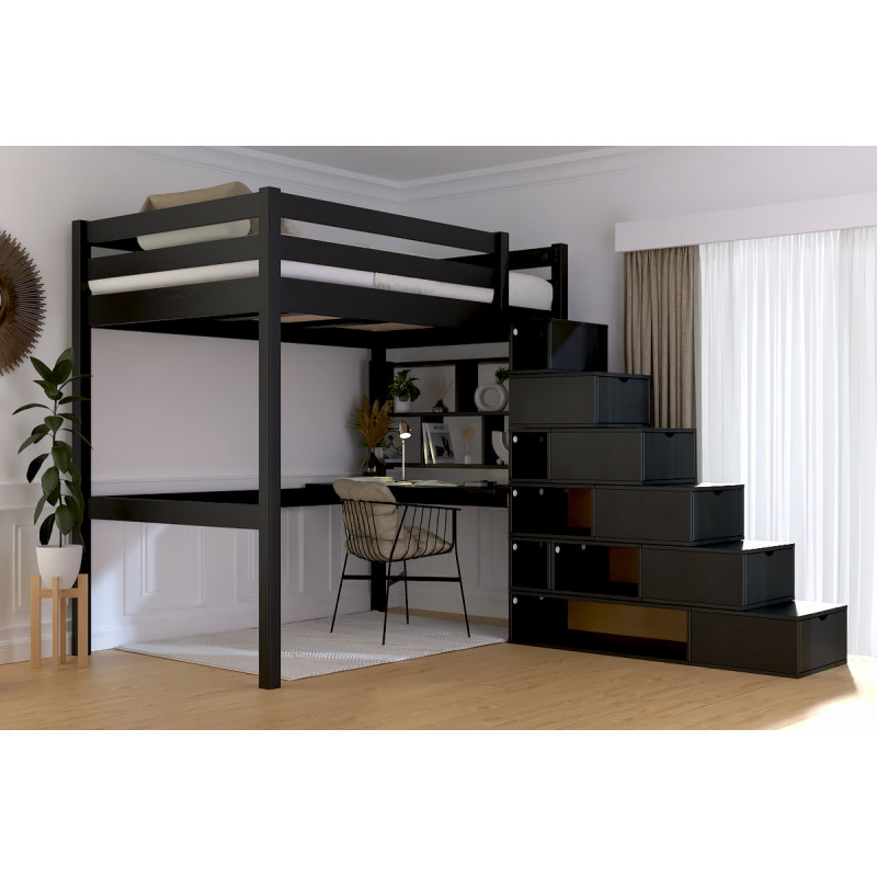 Solid wood mezzanine bed cube staircase access with black water-based varnish