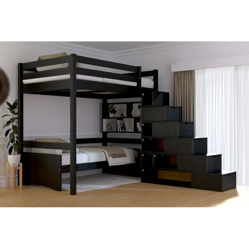 120x200 adult mezzanine bed cube staircase access with solvent-free black varnish