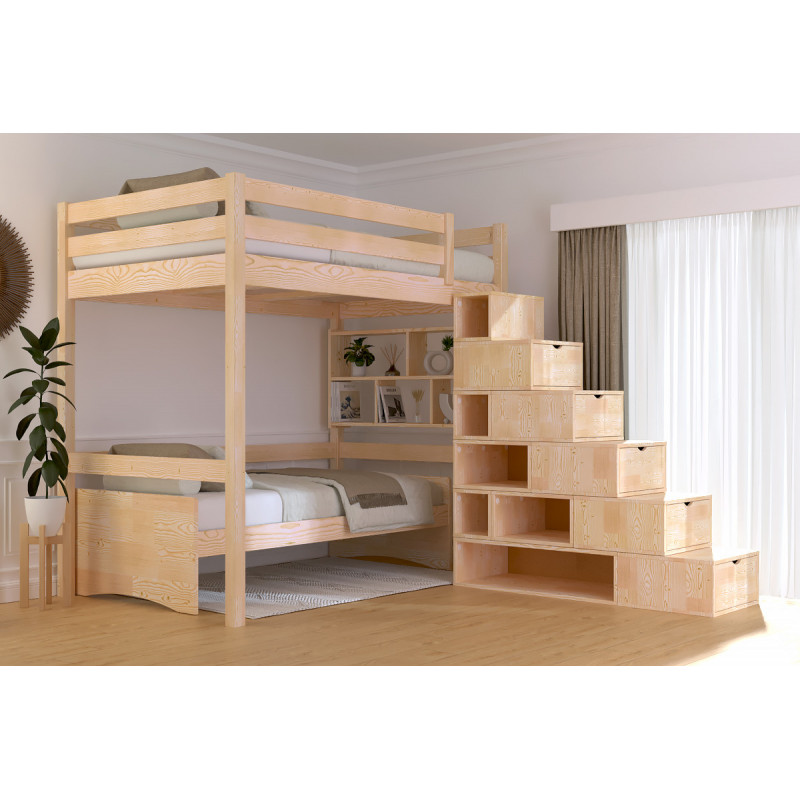 Letto a soppalco 120x200 accesso tramite scala cubica con verniciatura trasparente senza solventi