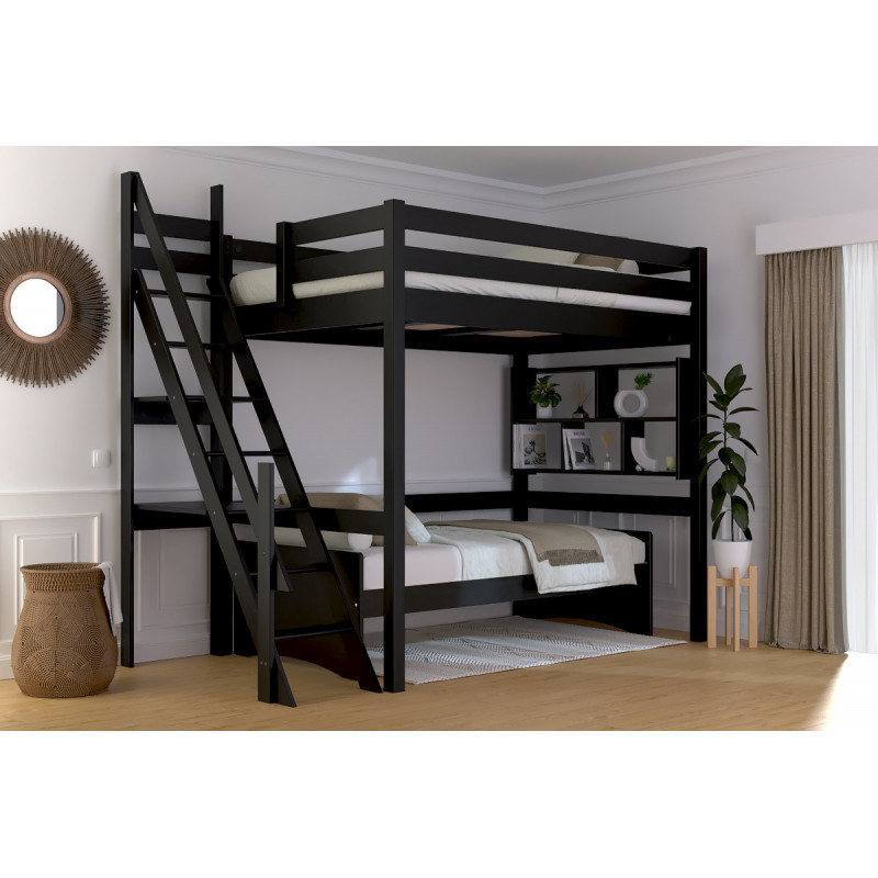 lit en hauteur escalier de meunier avec vernis à l'eau noir