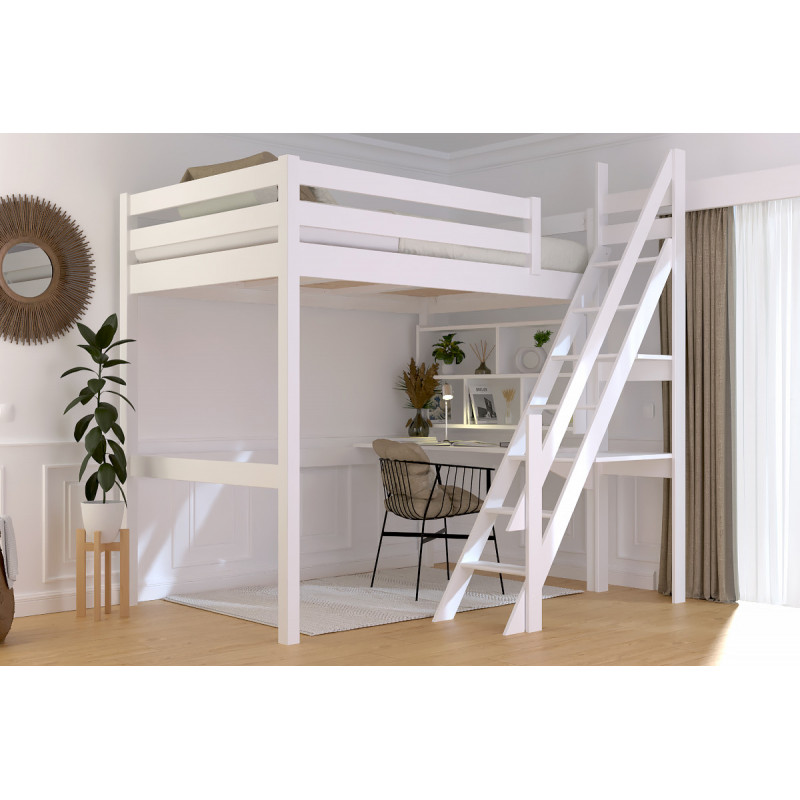 lit mezzanine adulte escalier de meunier - vernis satiné blanc