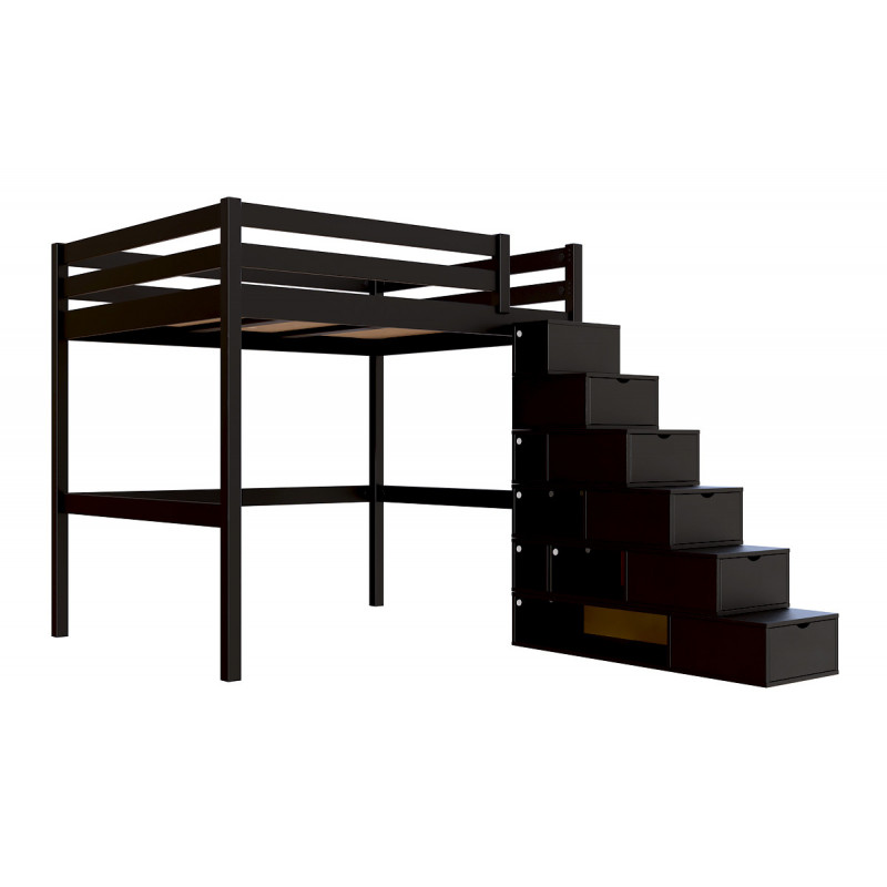 Lit mezzanine 160x200 accès escalier cube - vernis à l'eau noir