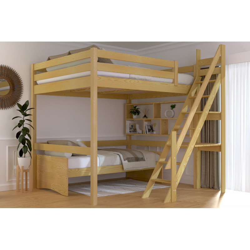 Hochbett aus Massivholz Müllertreppe – mit Honigfarbe wasserlackiert