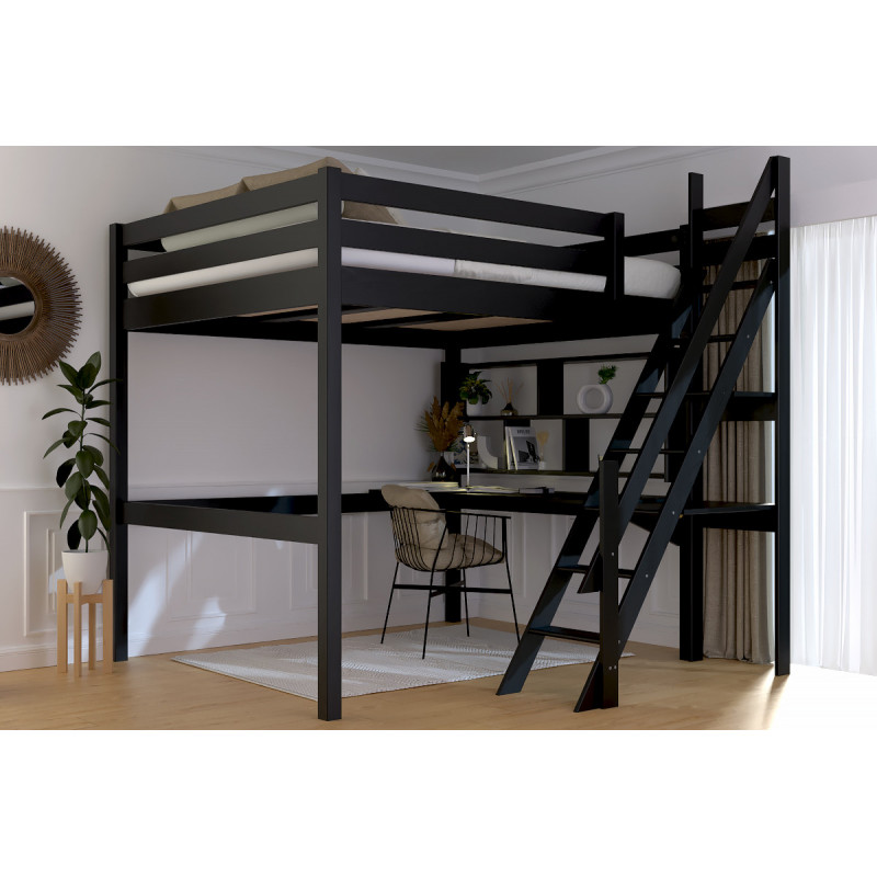 Lit mezzanine 2 places escalier de meunier vernis noir