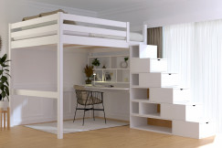 Lit Mezzanine bois 160x200 avec escalier cube Sylvia