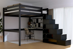 Lit Mezzanine bois 160x200 avec escalier cube Sylvia