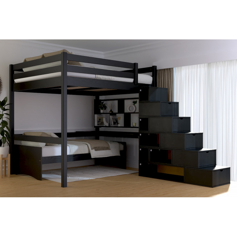 Lit 2 places en hauteur fabriqué en France accès escalier cube avec vernis noir