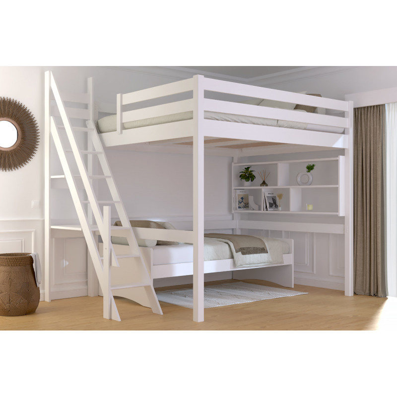 Lit 2 places en hauteur escalier de meunier vernis sans solvants blanc