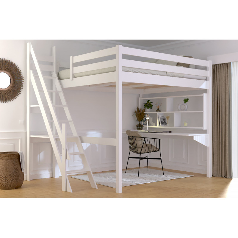 Lit mezzanine adulte escalier de meunier – vernis à l’eau blanc