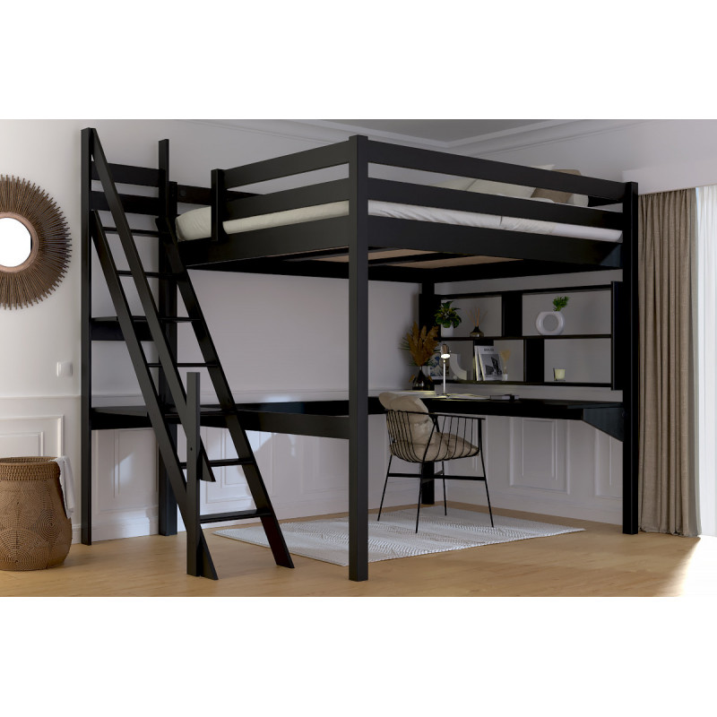 Lit mezzanine adulte escalier de meunier – vernis à l’eau noir