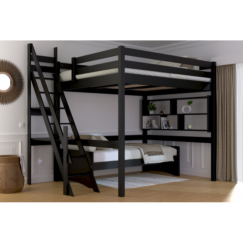 Lit 2 places en hauteur escalier de meunier vernis sans solvants noir