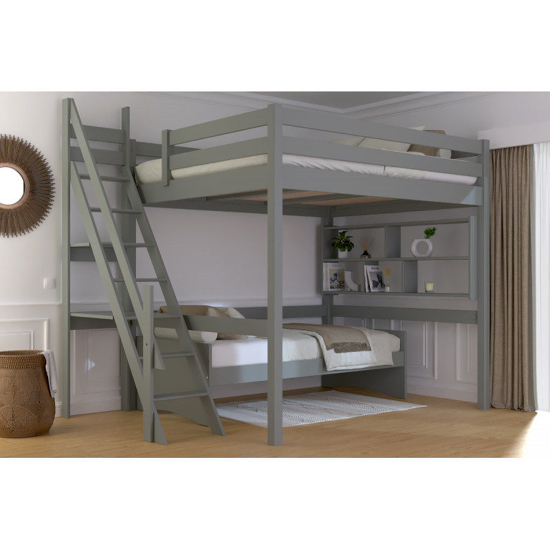 Cama alta para adultos con escalera de molinero – barniz al agua gris