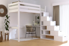 Lit mezzanine bois 90x200 Sylvia avec escalier cube