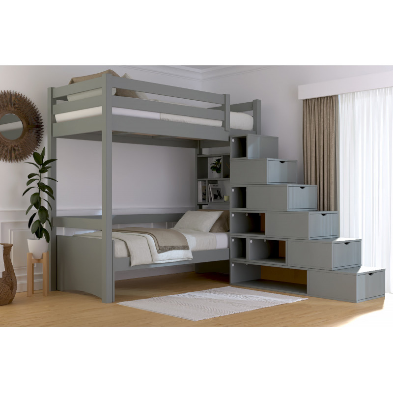 Lit mezzanine 90x200 – accès escalier cube – vernis sans solvants gris