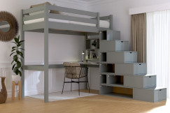 Lit mezzanine bois 90x200 Sylvia avec escalier cube