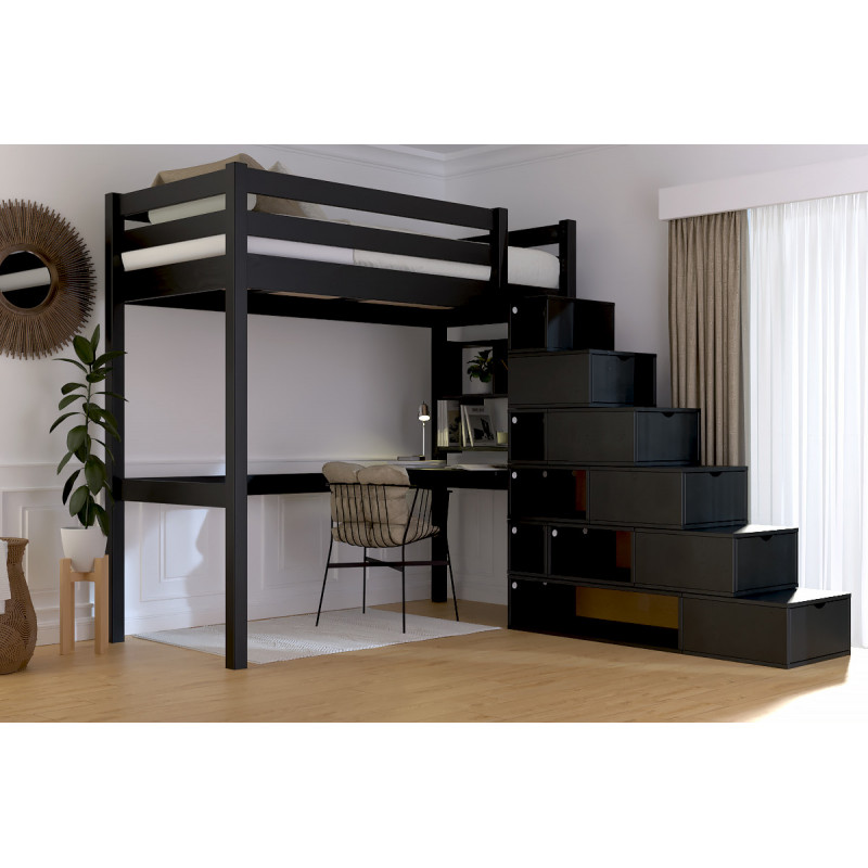 Hochbett mit Würfeltreppe – schwarzer Satinlack