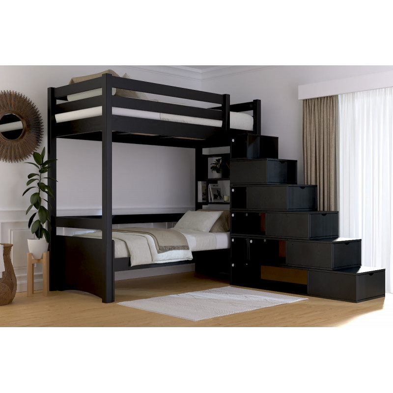 Hochbett 90x200 mit Würfeltreppe und schwarzem Lack