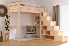 Lit mezzanine bois 90x200 Sylvia avec escalier cube