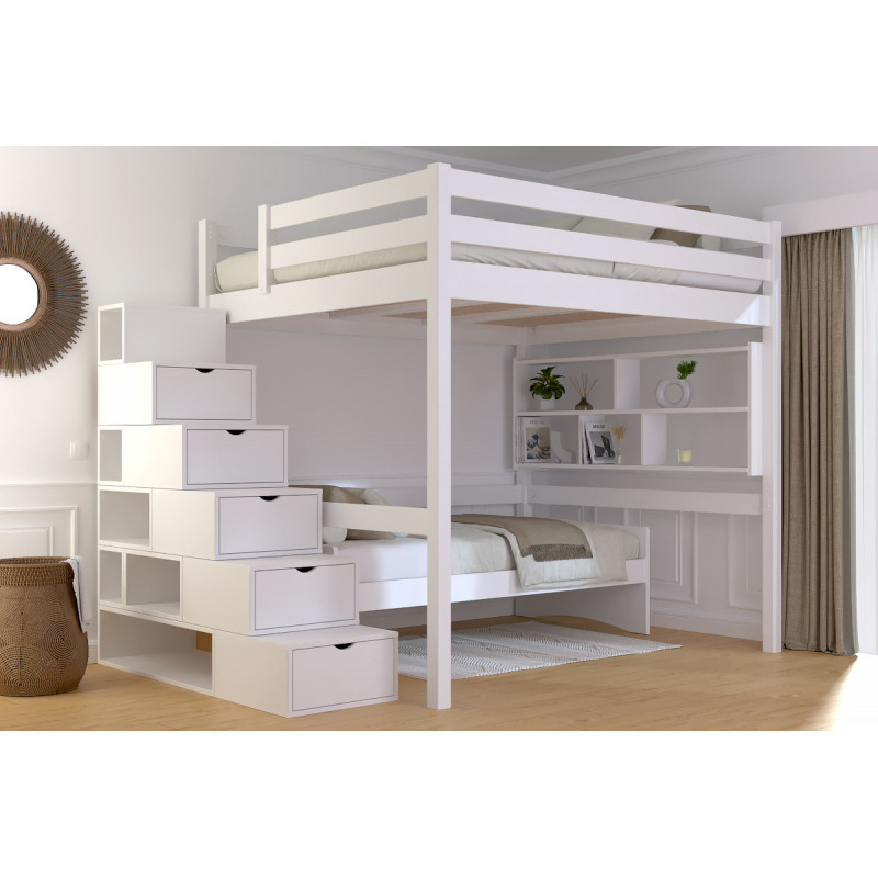 Lit 2 places en hauteur en bois massif, accès escalier cube et vernis à l’eau blanc
