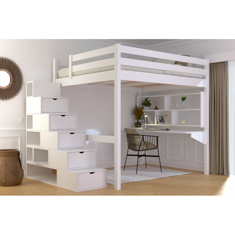 Lit en hauteur en bois massif avec accès escalier cube modulable - blanc