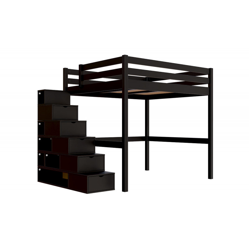 Lit Mezzanine bois 160x200 avec escalier cube Sylvia