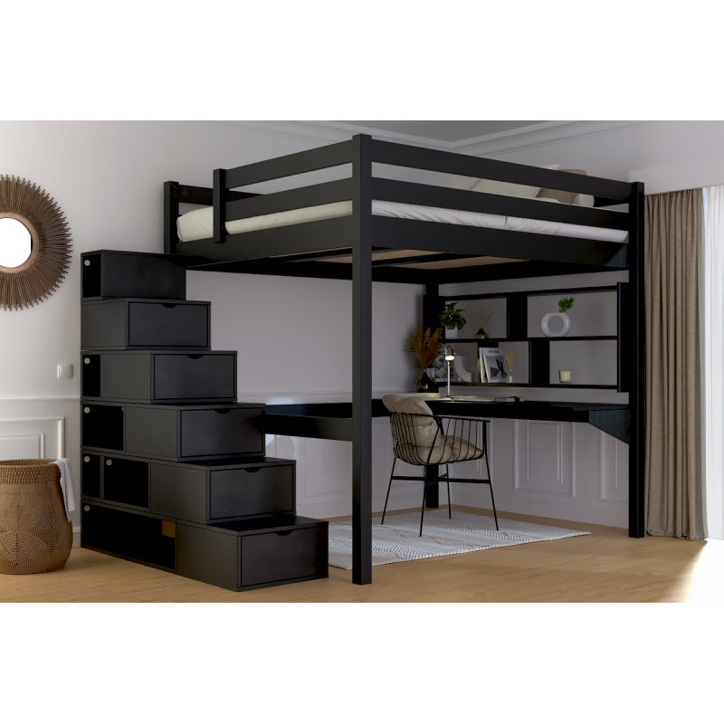 Lit en hauteur en bois massif avec escalier cube modulable – vernis à l’eau noir
