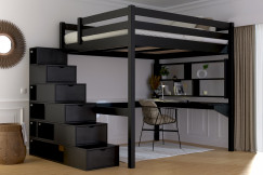 Lit Mezzanine bois 160x200 avec escalier cube Sylvia