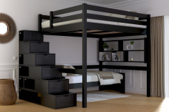 Lit Mezzanine bois 160x200 avec escalier cube Sylvia