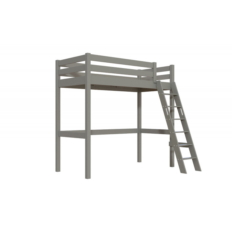 Letto a soppalco per adulti in pino massello con scala inclinata - verniciato all'acqua grigio
