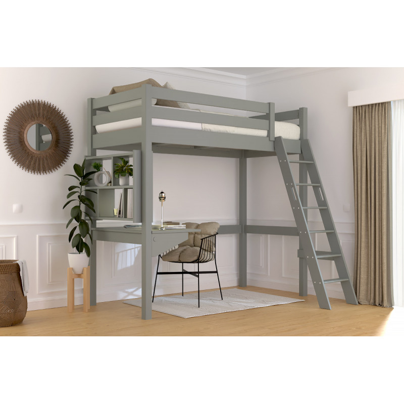 Letto a soppalco singolo con scala inclinata con vernice all'acqua grigia