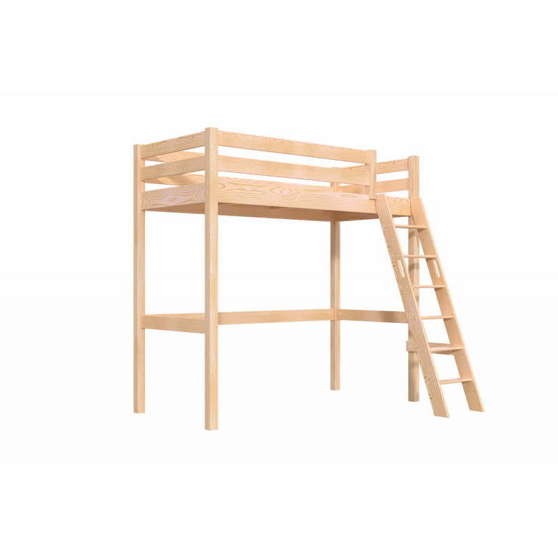 Letto a soppalco in legno massello con accesso tramite scala inclinata con vernice naturale