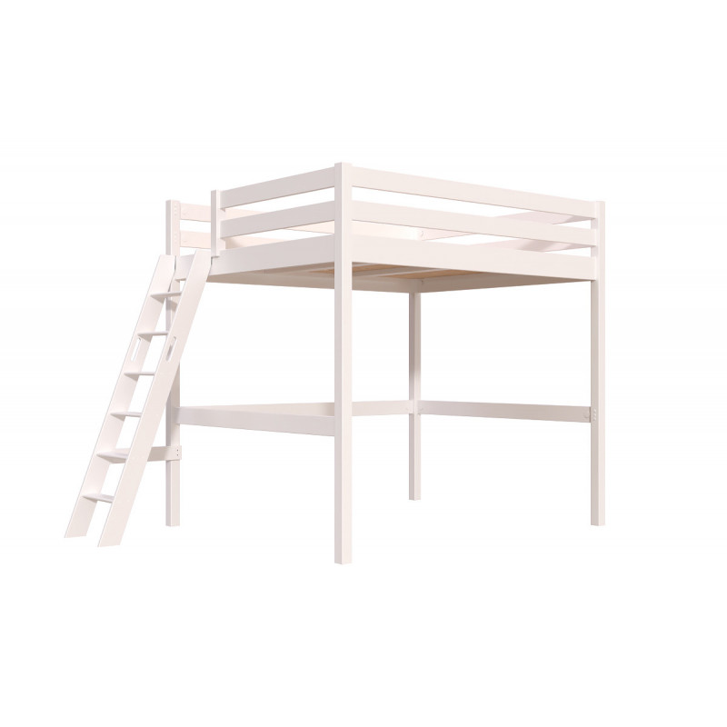 Cama doble alta, madera maciza, fabricación francesa, escalera cúbica - blanco