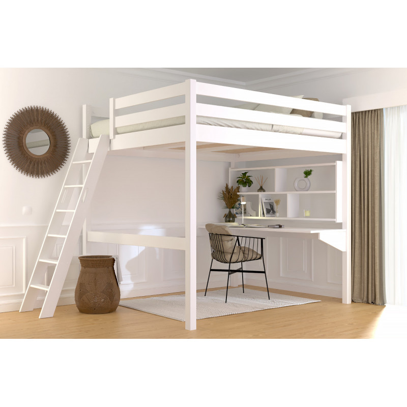 Cama alta para adultos de madera maciza con escalera inclinada - barniz blanco