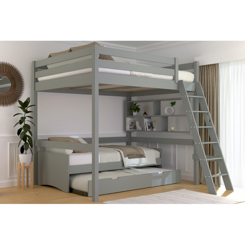 Cama alta doble de madera maciza con escalera inclinada - barniz gris
