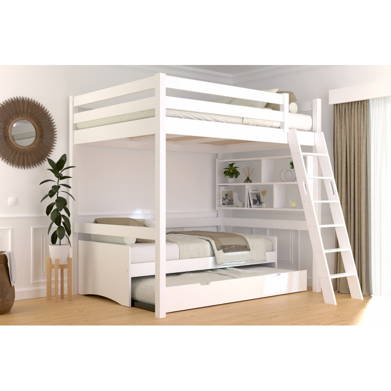 Mezzanine 2 places en bois massif avec échelle inclinée – vernis à l’eau blanc