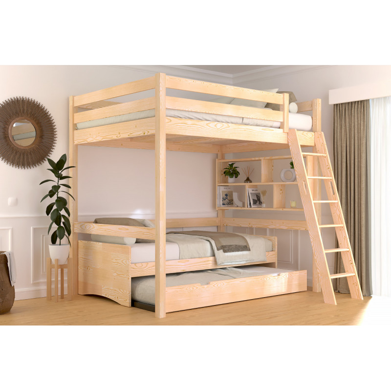 Mezzanine 2 places en bois massif avec échelle inclinée - brut