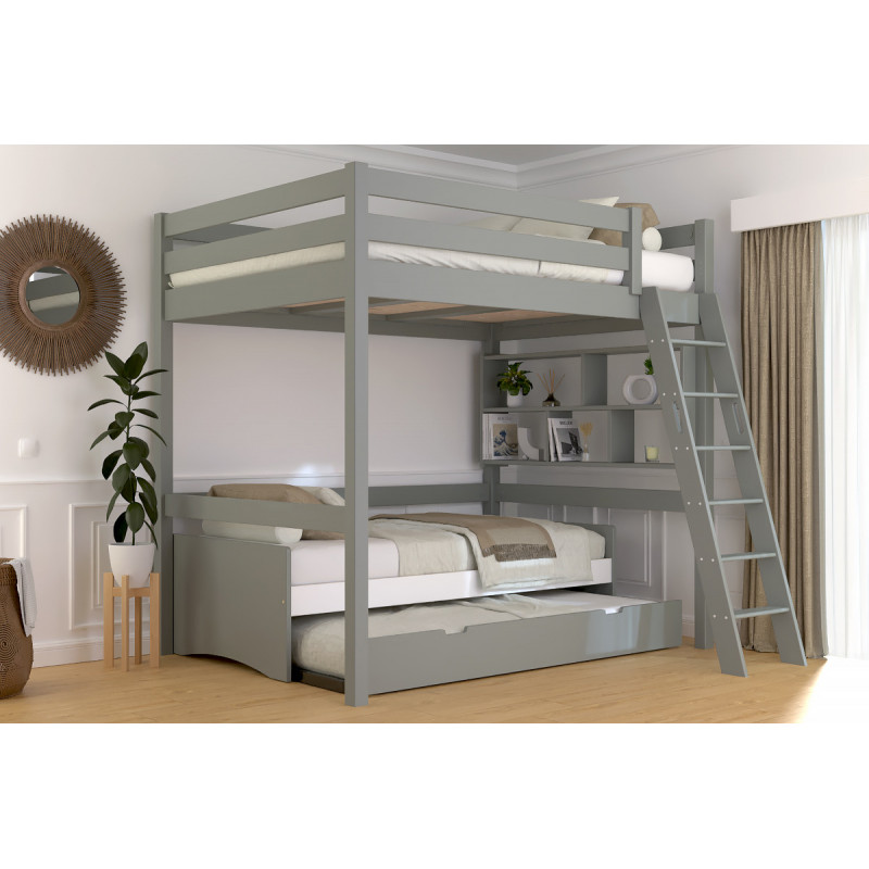 Mezzanine 2 places en bois massif avec échelle inclinée – vernis satiné gris