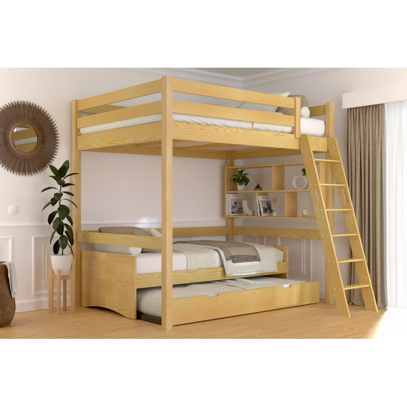 Mezzanine 2 places en bois massif avec échelle inclinée – vernis miel