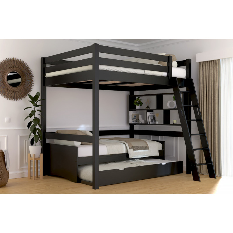 Mezzanine 2 places en bois massif avec échelle inclinée – vernis noir sans solvants