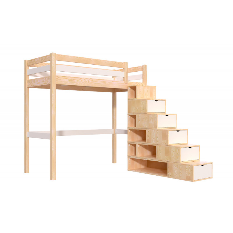 Lit mezzanine bois 90x200 Sylvia avec escalier cube