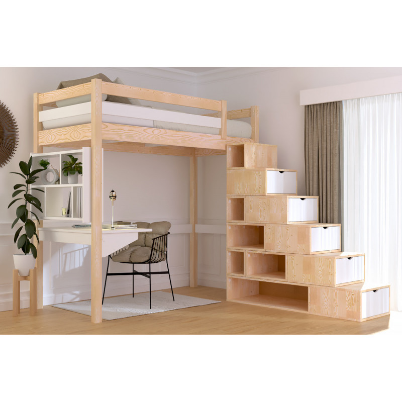 Lit mezzanine 1 place escalier cube – bicolore (vernis naturel/blanc)
