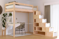 Lit mezzanine bois 90x200 Sylvia avec escalier cube