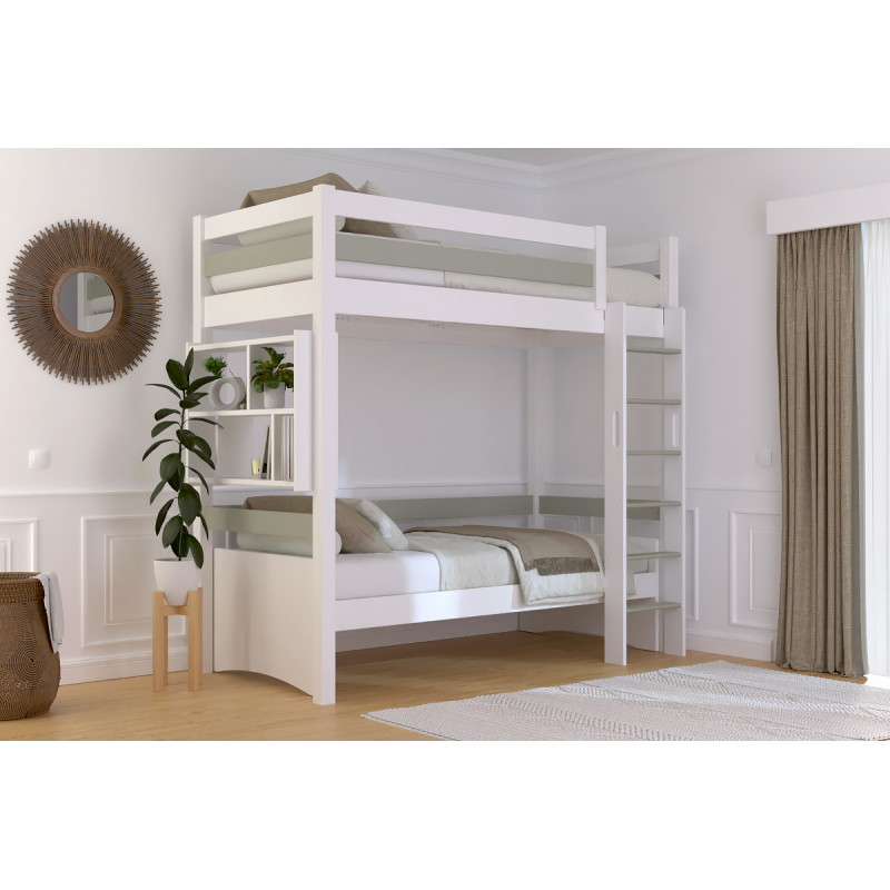 Lit en hauteur 90x200 avec échelle droite avec vernis blanc/moka