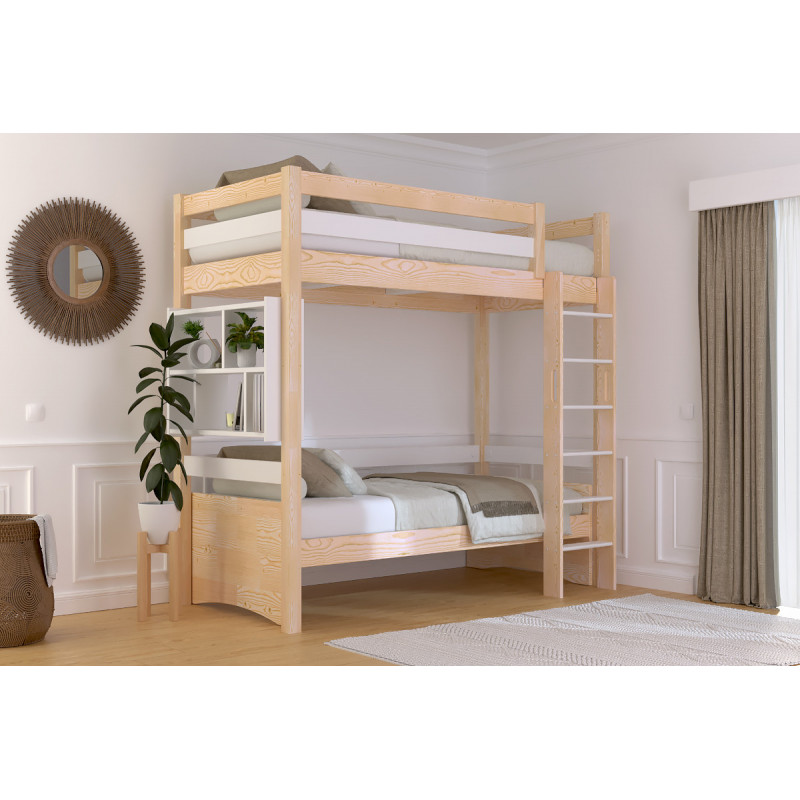 Lit en hauteur 1 place avec échelle droite – bicolore (vernis naturel/blanc)