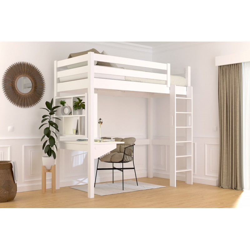 Lit hauteur en pin massif 90x200 avec échelle droite  – vernis blanc