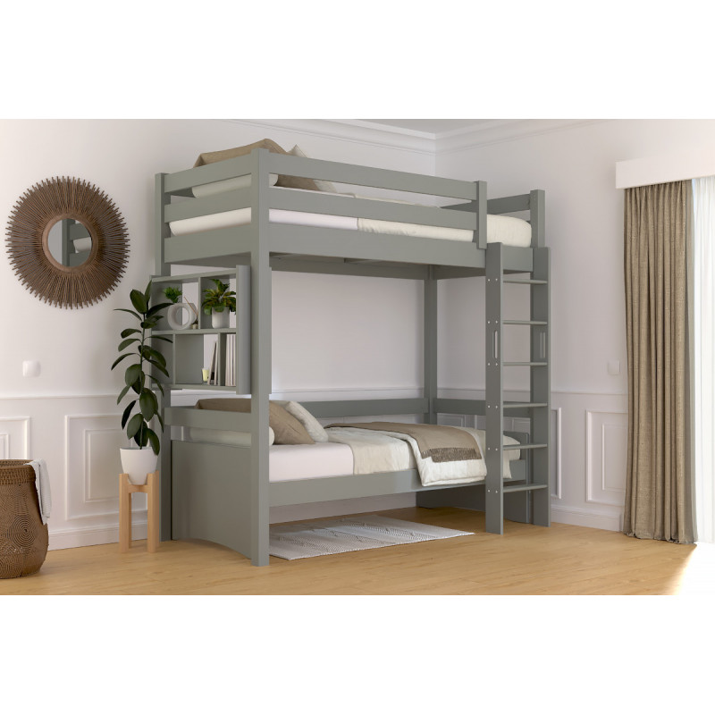 Lit haut 90x200 fabriqué en France avec échelle droite - vernis gris