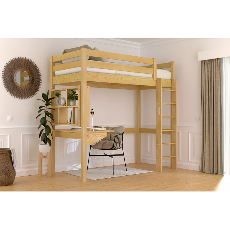 Lit en hauteur avec échelle droite - vernis à l'eau miel