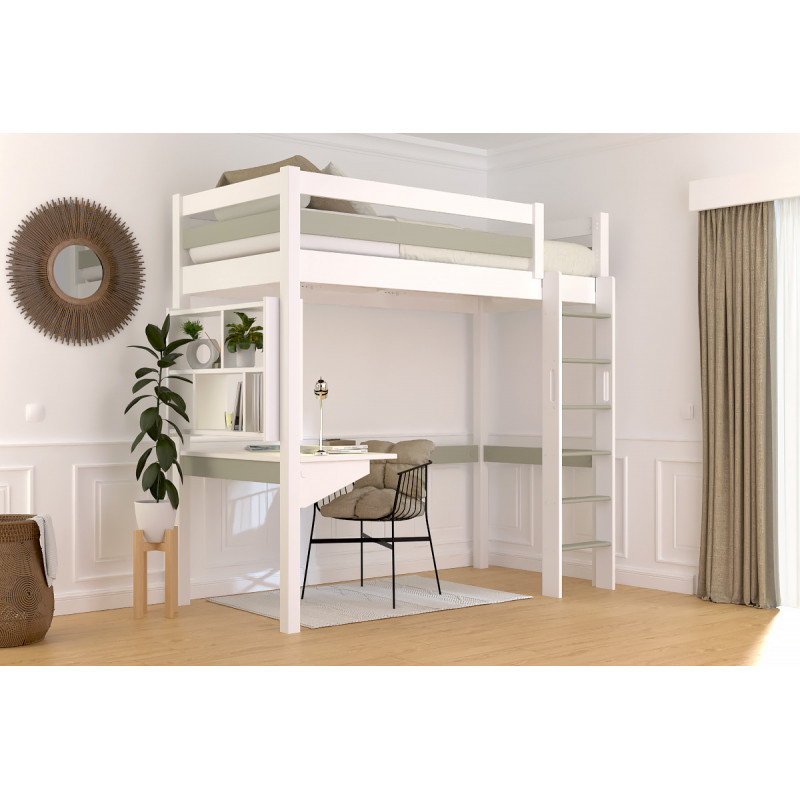 Lit haut 1 place avec vernis blanc/moka – accès échelle droite