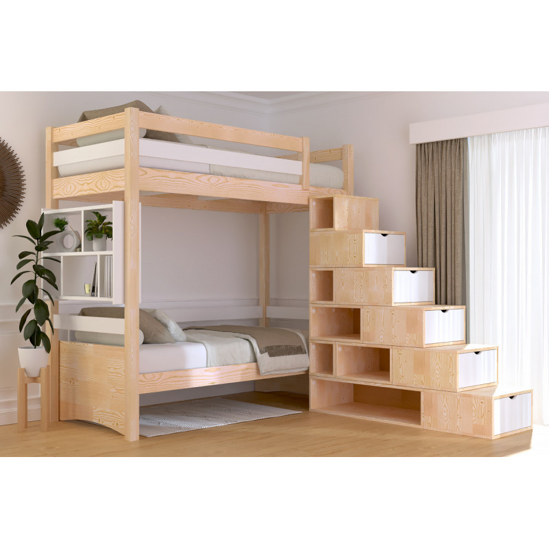 Lit en hauteur avec escalier cube – vernis bicolore (transparent/blanc)