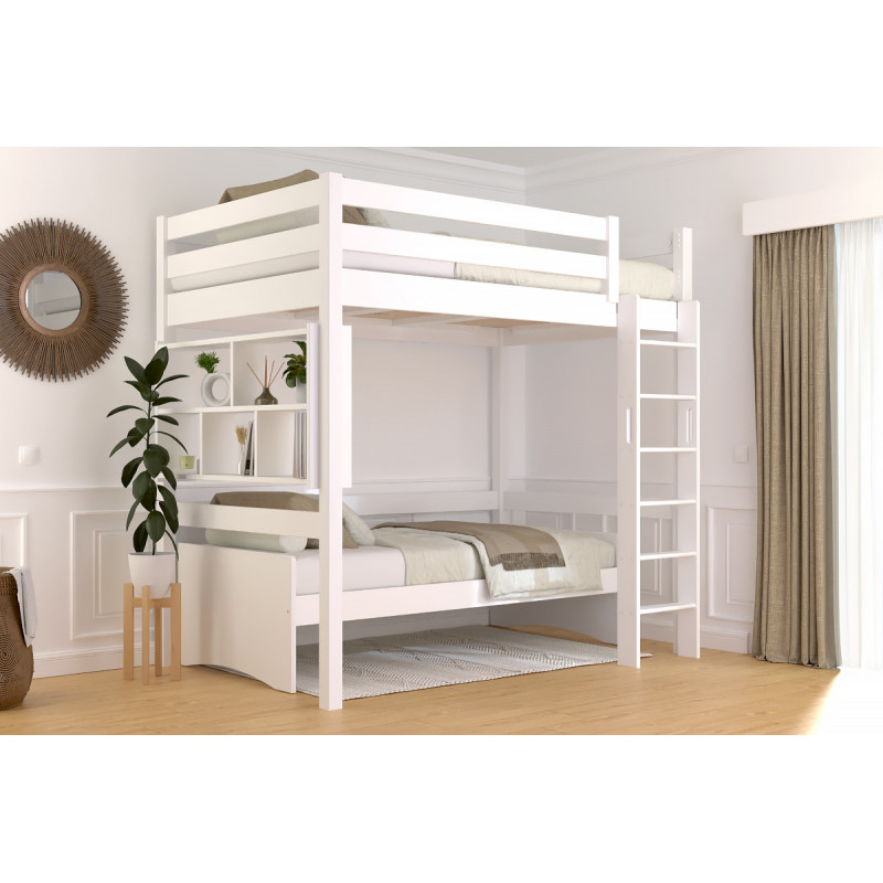 Letto rialzato 120x190 con scala diritta - vernice bianca